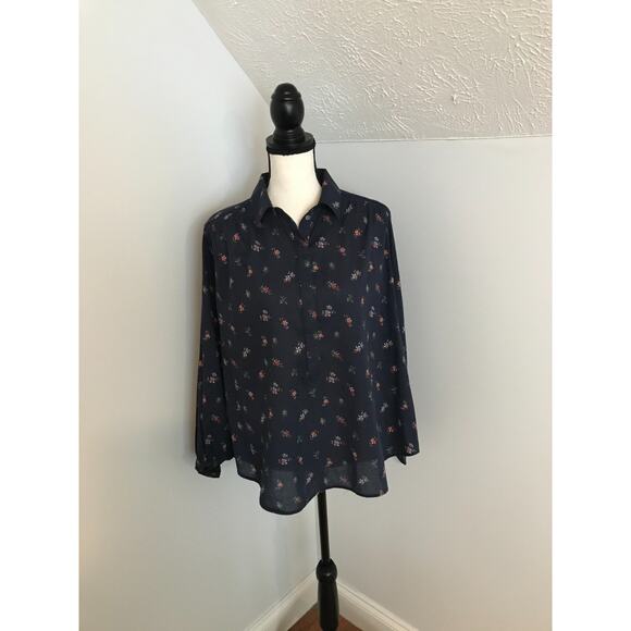 Sundance Navy Poppy Bloom Long-Sleeve Button Blouse - Size Medium - Picture 1 of 7